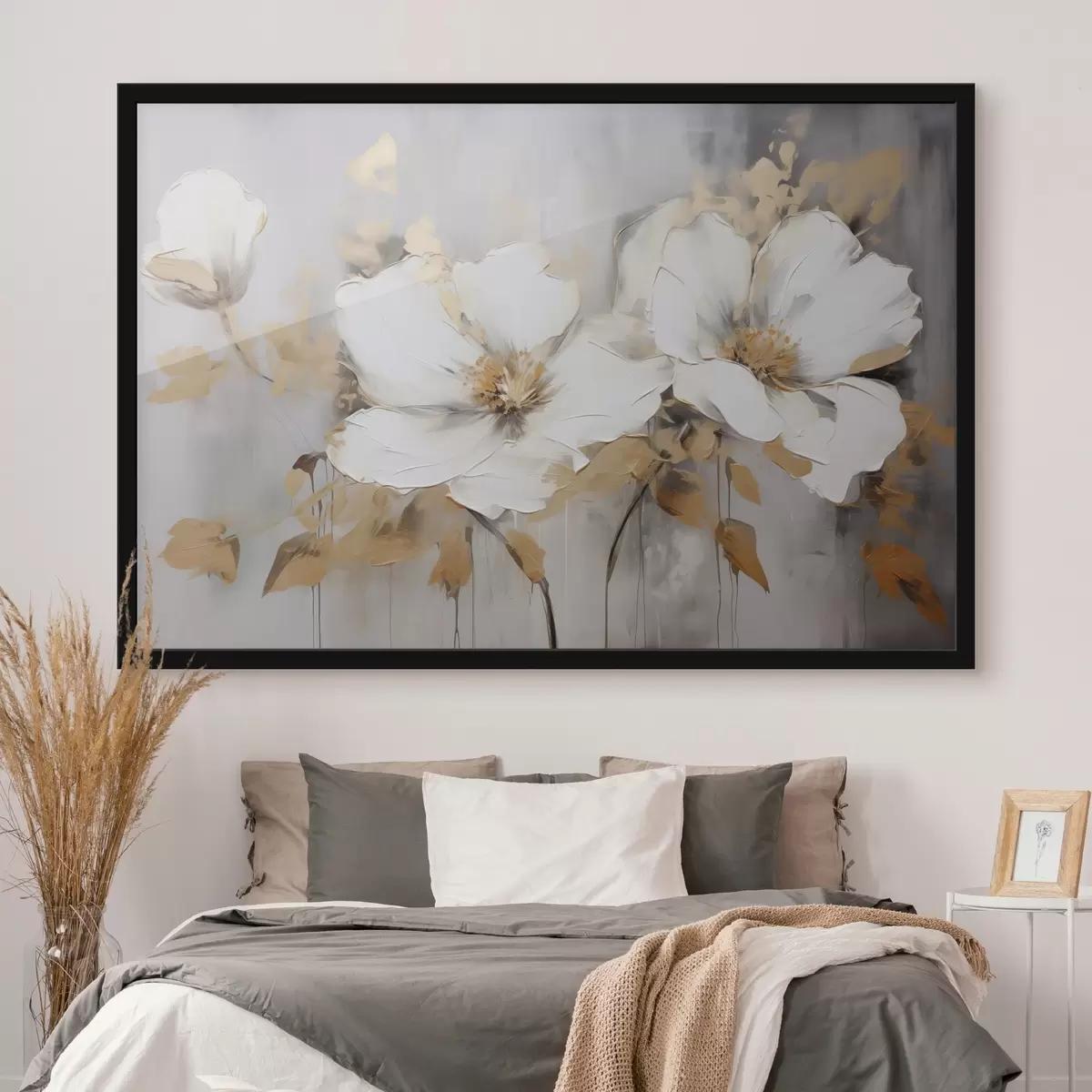 Plakat Valged lilled kollaste lehtedega valgel taustal, paksude pintslitõmmete imitatsioon, tekstuurne moodne stiil f43389