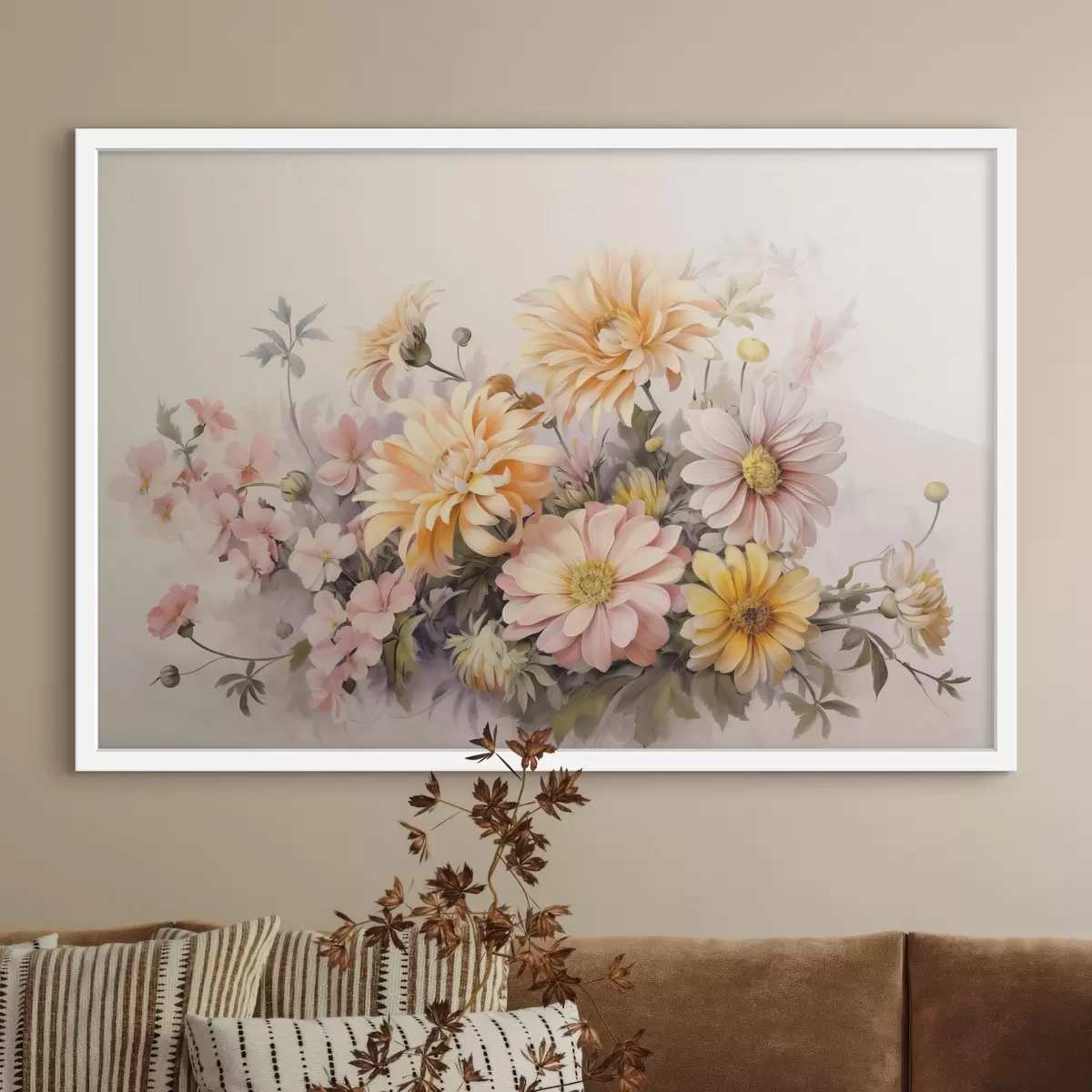 Plakat Roosa, kollase ja oranži värvi lillede kollektsioon, kerge taust, pehmed värvid, vintage stiilis, botaaniline illustratsioon f43401