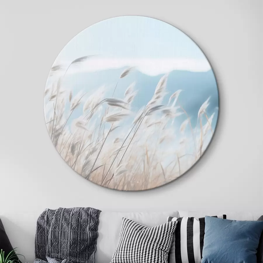 Pilt Rohi, pampa väli sinise mäega taustal, helesinine taevas, minimalistlik, pastelsed värvid r43404