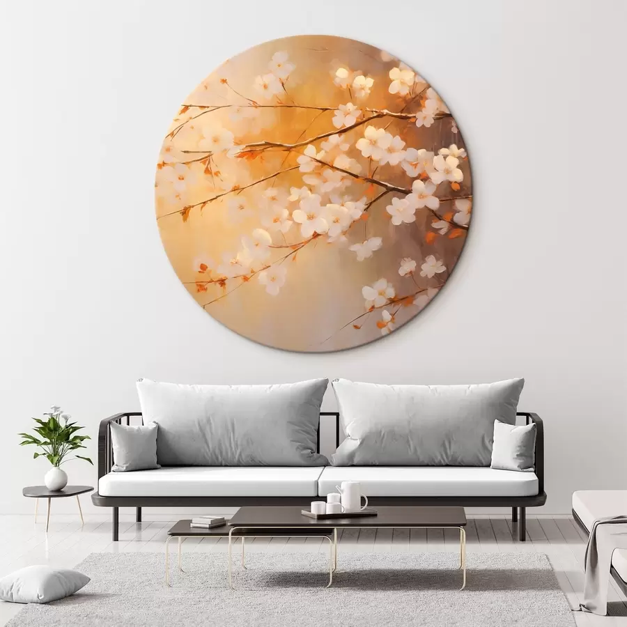 Pilt Kirsiõie oksad oranžide õitega, soe värvipalett, kollaste toonidega hägustatud taustal r43407