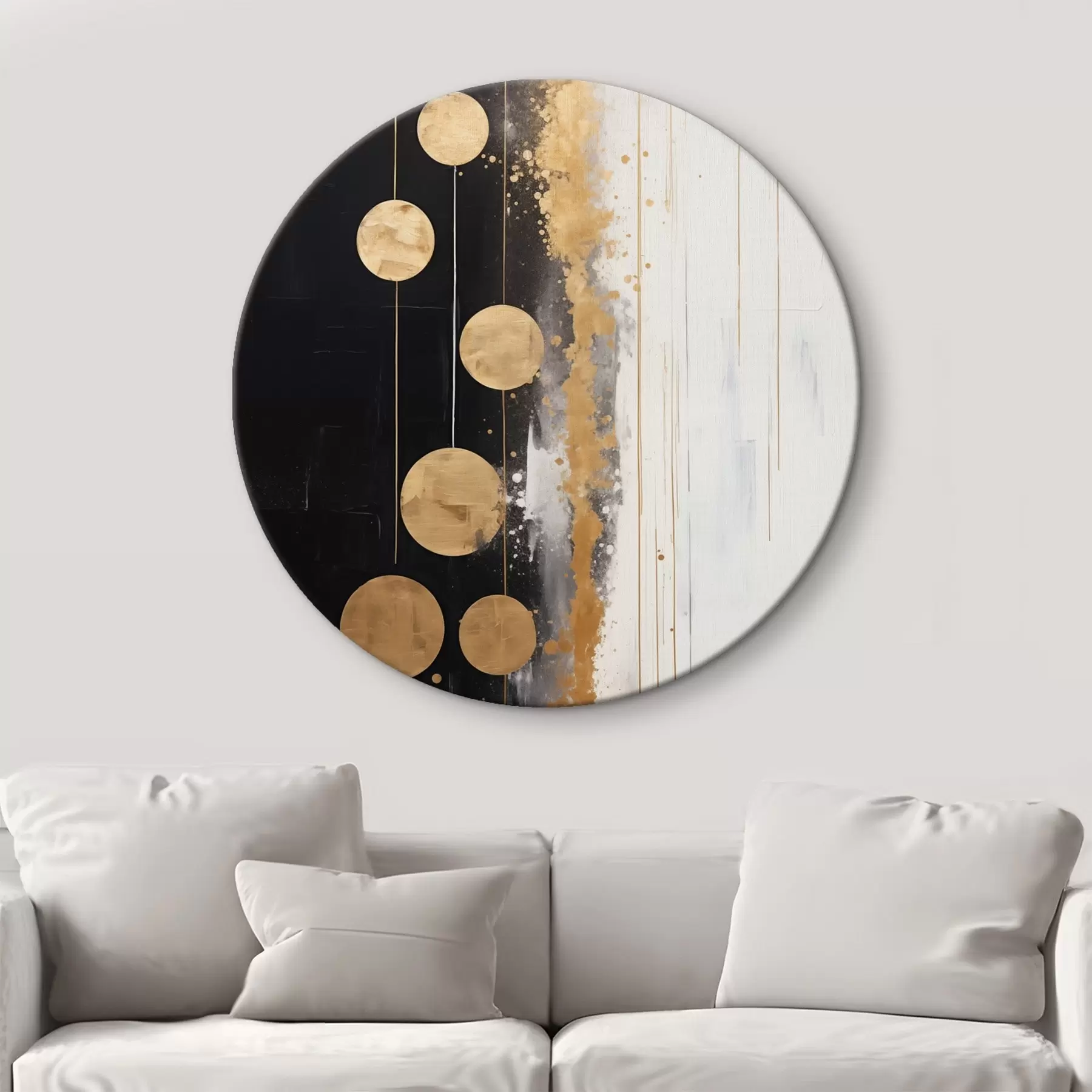 Pilt Abstraktne kunst, kus kollased ringid ripuvad mustal ja valgel taustal koos valgete ja kollaste laikudega r43410