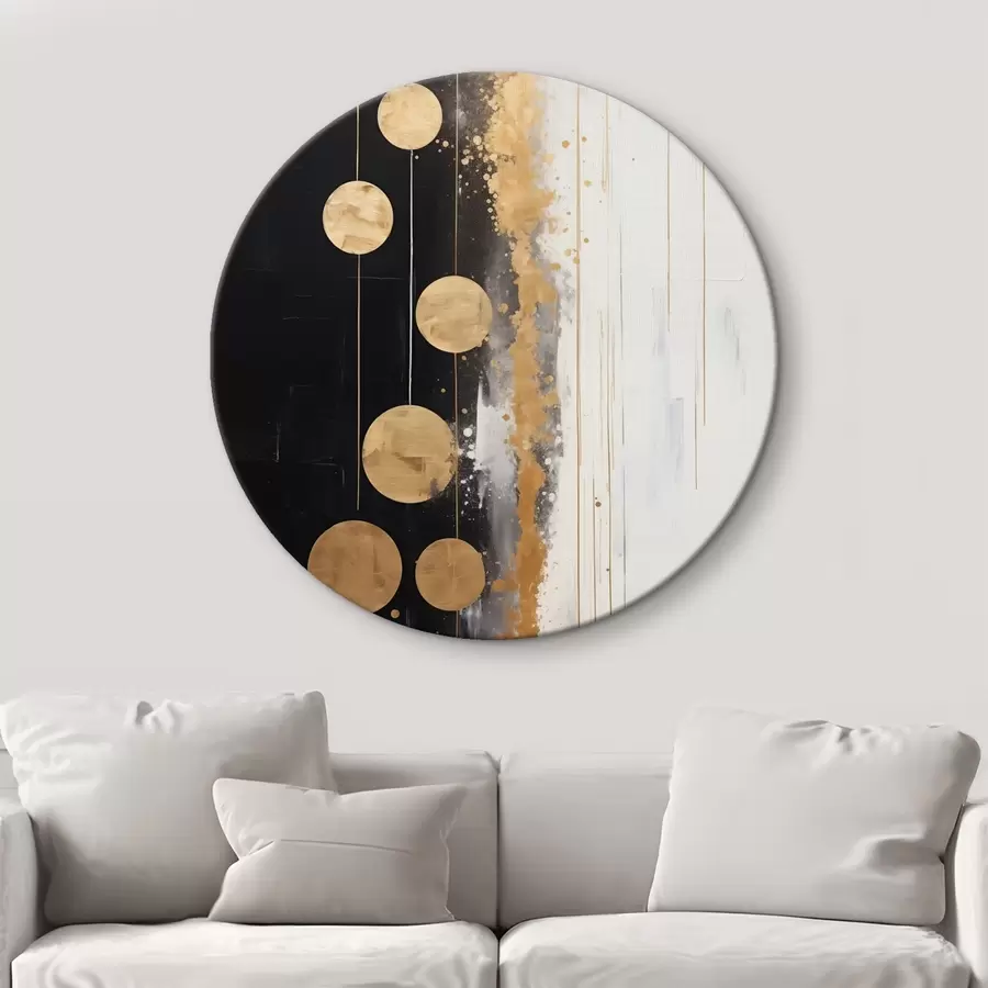 Pilt Abstraktne kunst, kus kollased ringid ripuvad mustal ja valgel taustal koos valgete ja kollaste laikudega r43410