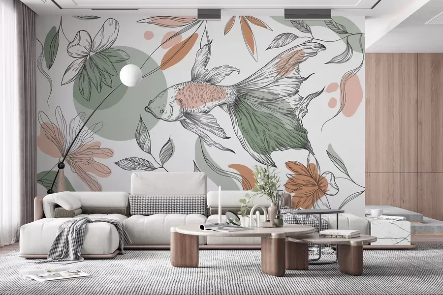 Fototapeedid Joonistus kala koos lilledega, minimalism, mere, lilleline, looduslikud värvid w03448