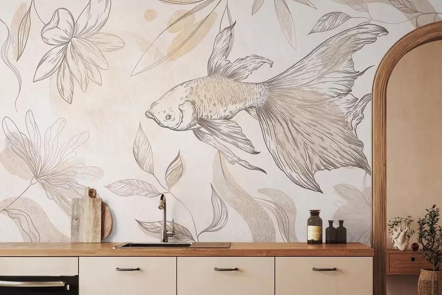 Fototapeedid Kala koos lilleelementidega, beeži taustaga, jooneline joonistus w03517