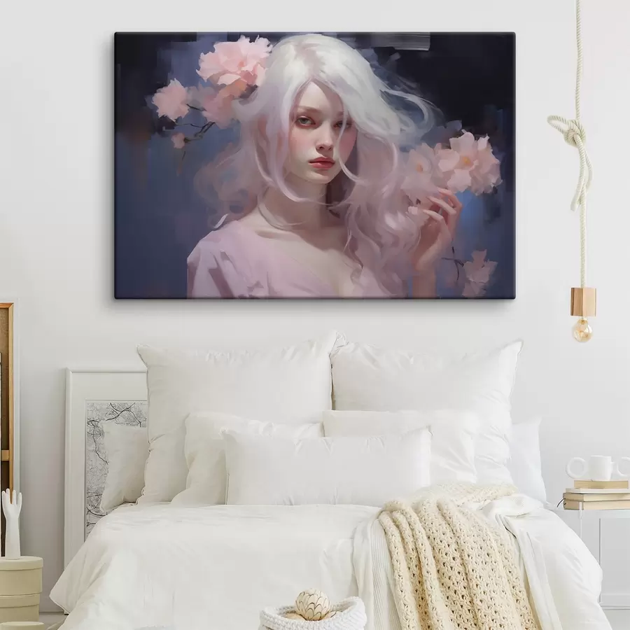 Pilt Tüdruk ploomidega, akrüülstiilis joonistus, tumedal taustal  s43496