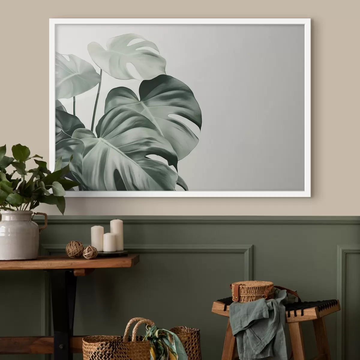 Plakat Troopilised palmilehed, lilleline, realism, monstera f43508