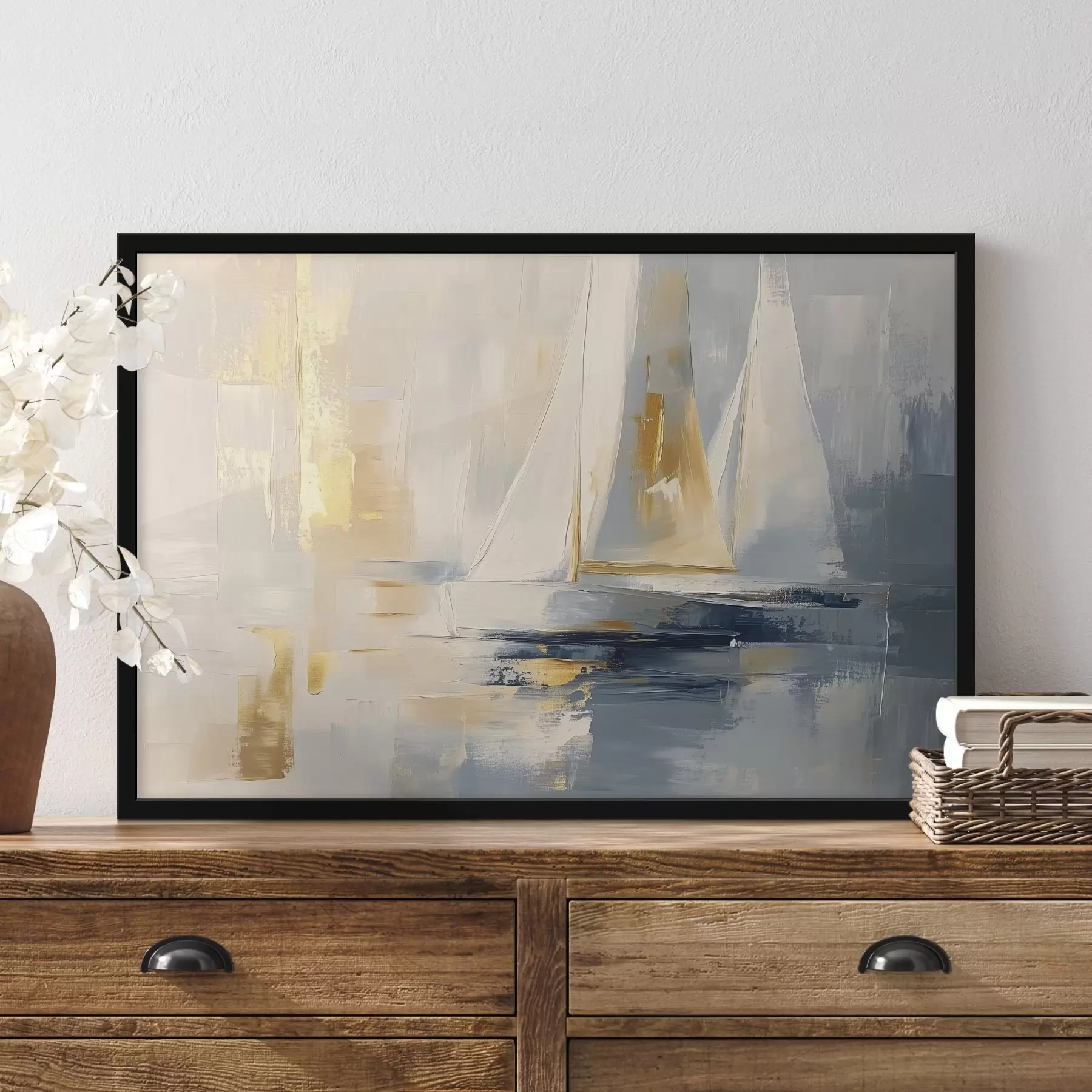 Fototapeedid Abstraktsioon purjekatega merel, akrüülstiilis, päikeseloojangul f43500