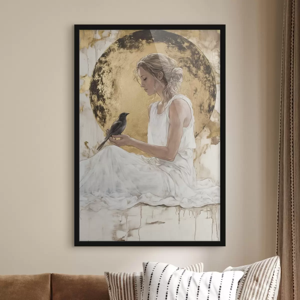 Plakat Ilus naine koos linnuga, Kreeka, akrüülstiilis joonistus f43503