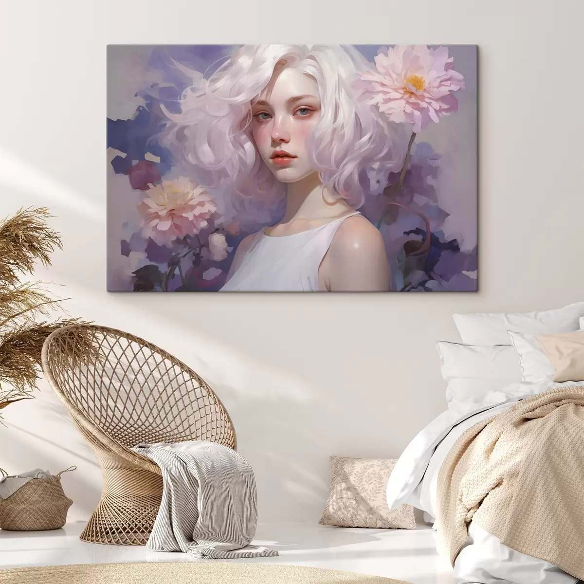 Pilt Kaunis tüdruk lilledes, akrüülstiilis joonistus, Jaapan, lillad värvid s43495