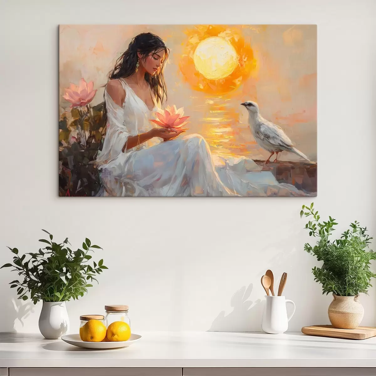 Pilt Naine lootoslillega päikeseloojangul, valge lind, õlistiilis joonistus s43501