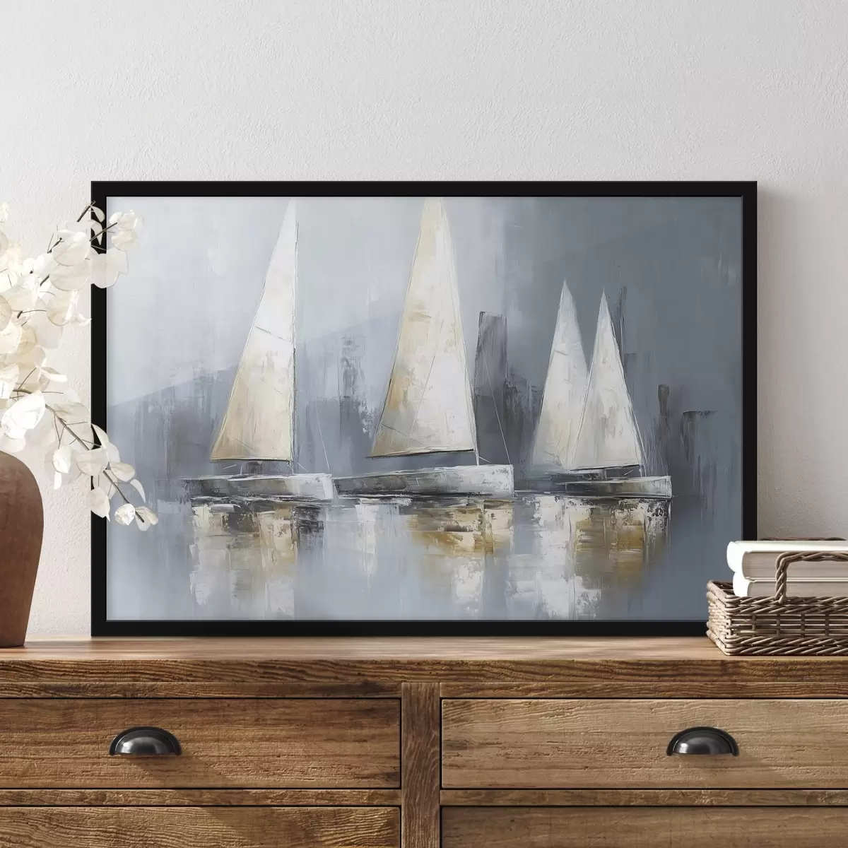 Plakat Purjekad koos peegeldustega vees, õli stiilis joonistus, hallid värvid f43506