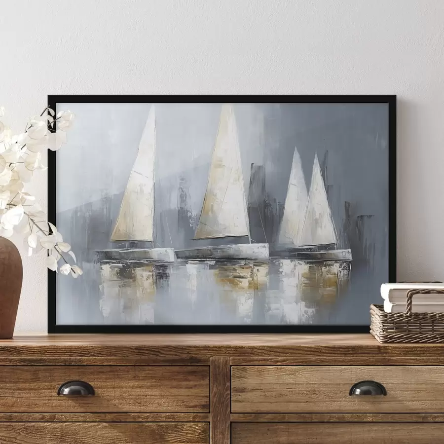 Fototapeedid Purjekad koos peegeldustega vees, õli stiilis joonistus, hallid värvid f43506