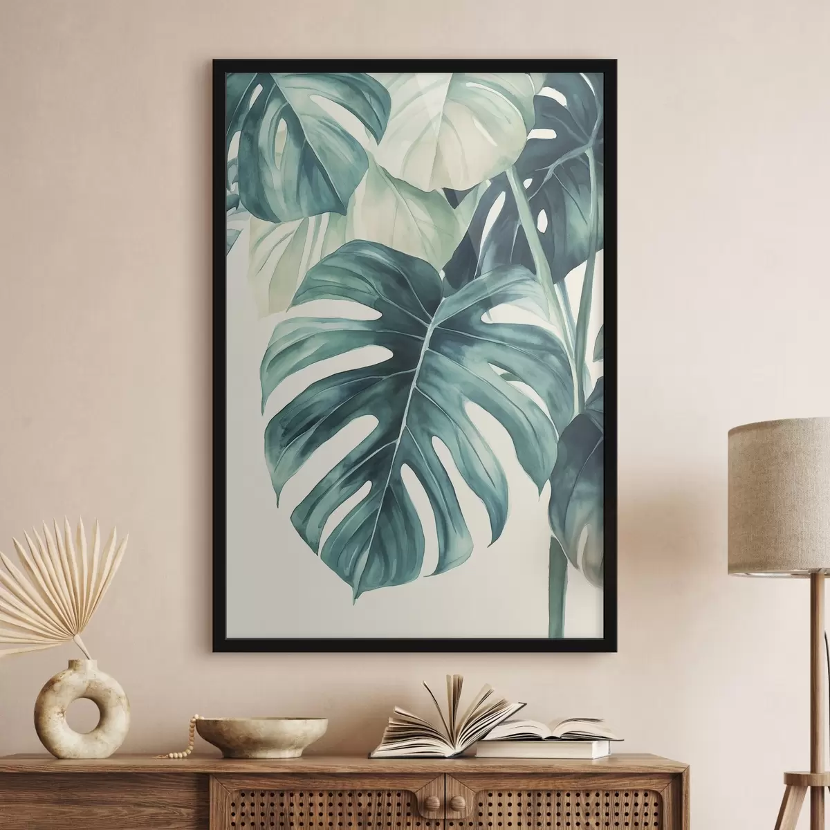 Plakat Monstera palmilehed, akvarellstiilis, lilleline, troopiline f43507