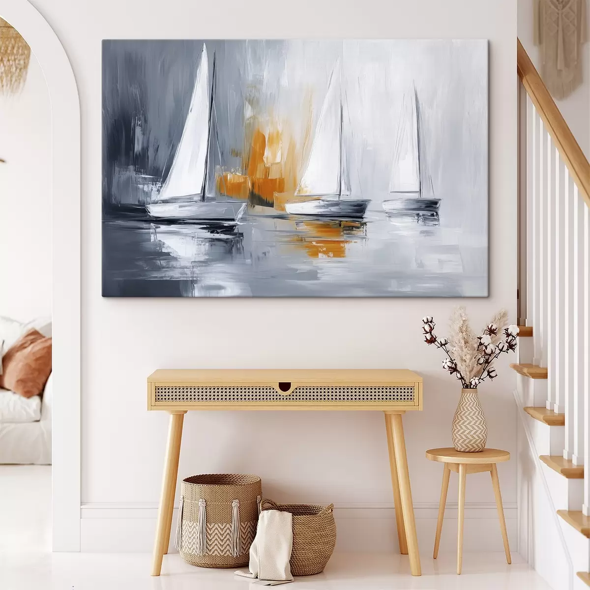 Pilt Purjekad, abstraktsioon, akrüülstiilis joonistus, hall ja oranž s43499