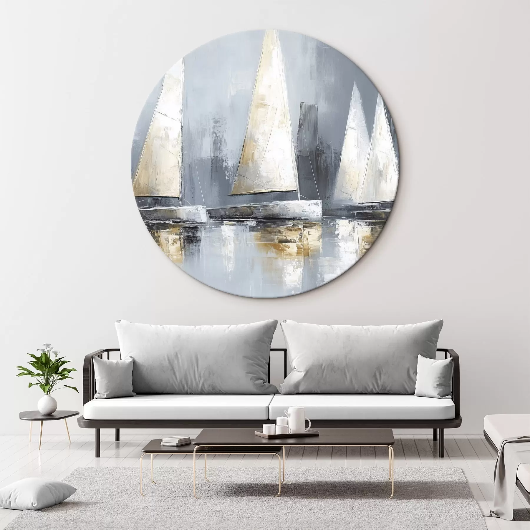 Pilt Purjekad koos peegeldustega vees, õli stiilis joonistus, hallid värvid r43506