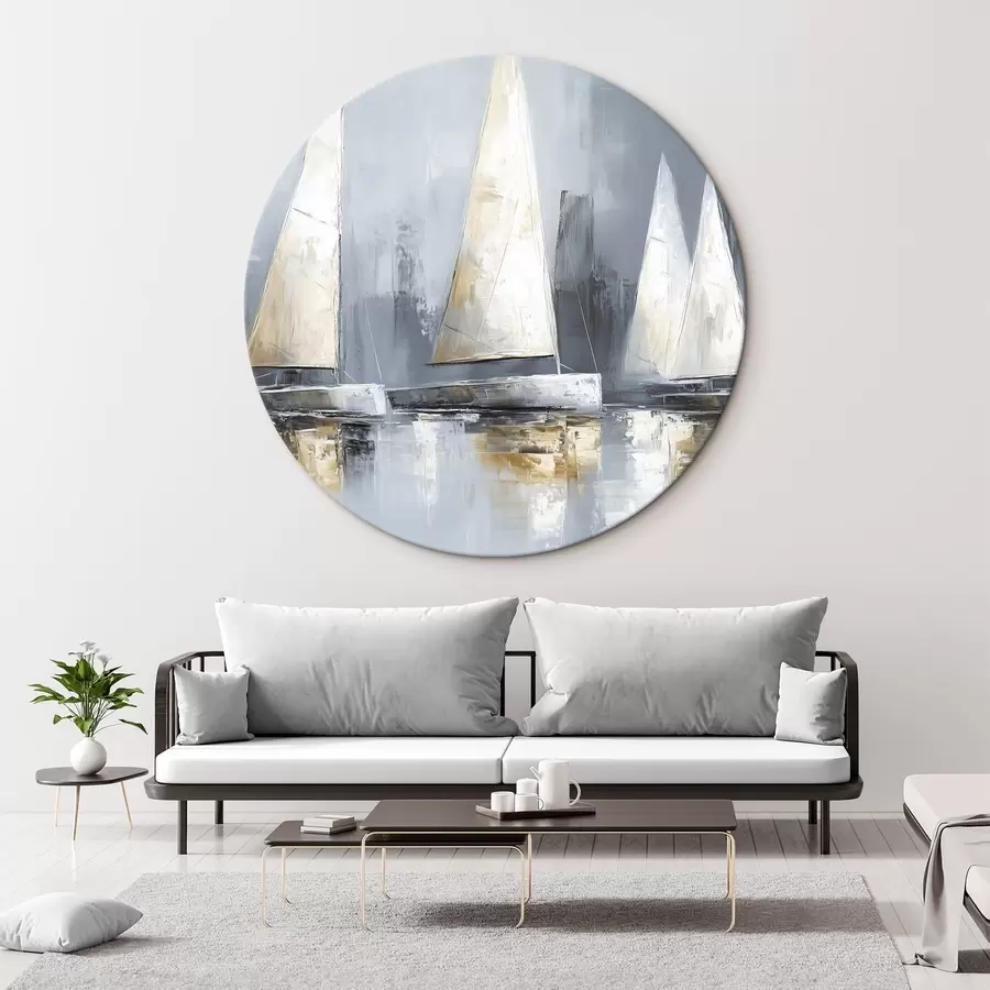 Pilt Purjekad koos peegeldustega vees, õli stiilis joonistus, hallid värvid r43506