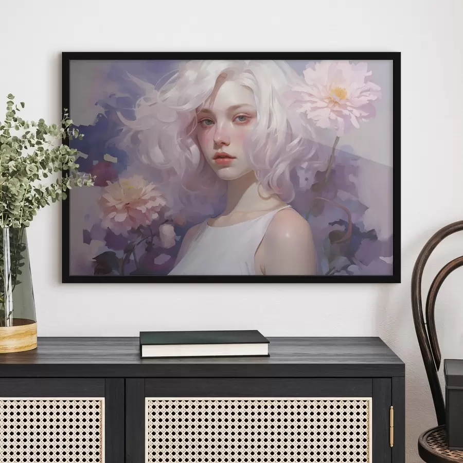 Fototapeedid Kaunis tüdruk lilledes, akrüülstiilis joonistus, Jaapan, lillad värvid f43495