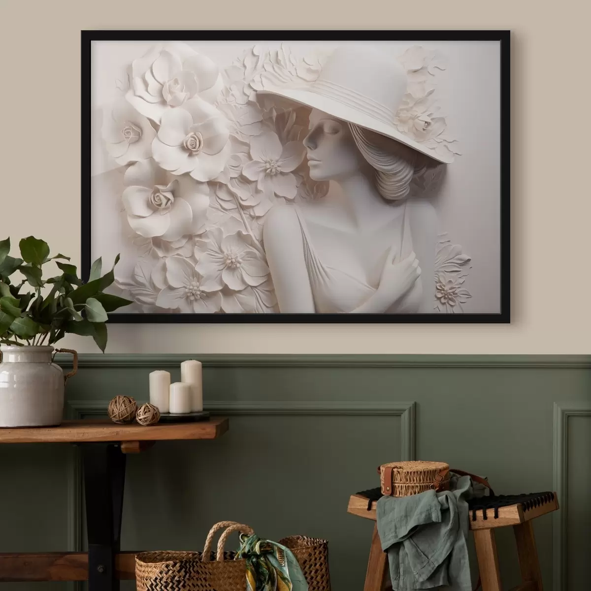 Plakat Imiteeritud reljeef, mis kujutab kübaraga naist f43547