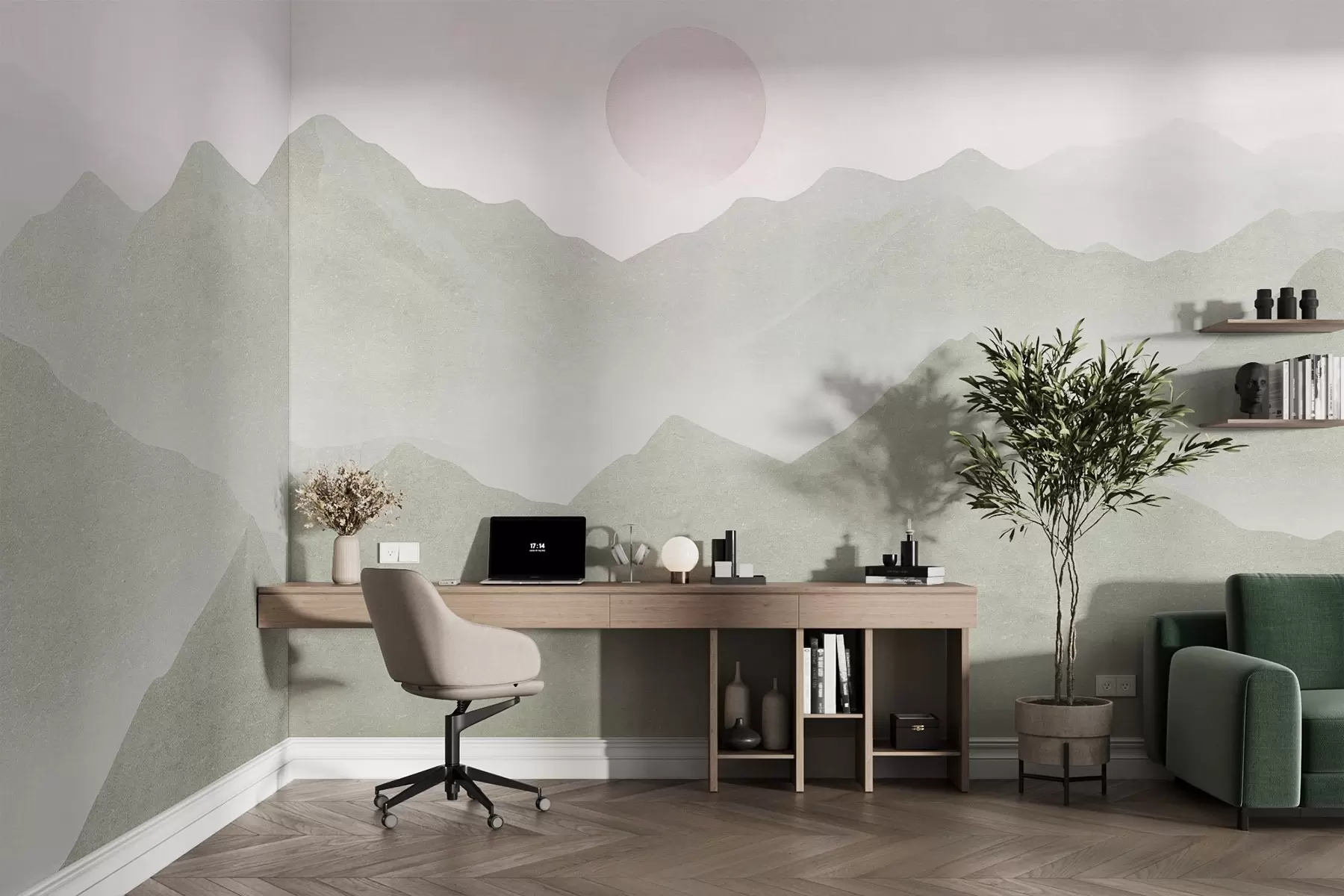 Fototapeedid Boho stiilis mägede maastik, päikeseloojang, pehme pastell, roheline w03547