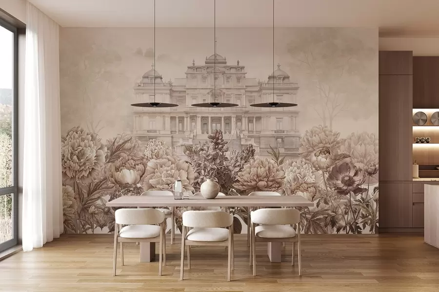 Fototapeedid Kuninglik palee koos pojengiga, akvarellistiil, loodus, beežid värvid, boho w03552