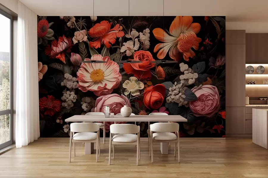 Fototapeedid Värviline kimp erinevaid lilli tumedal taustal soojades toonides w08969