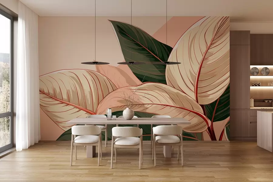 Fototapeedid Rohelise-beeži värvi suured troopilised lehed roosa fragmendiga w08970