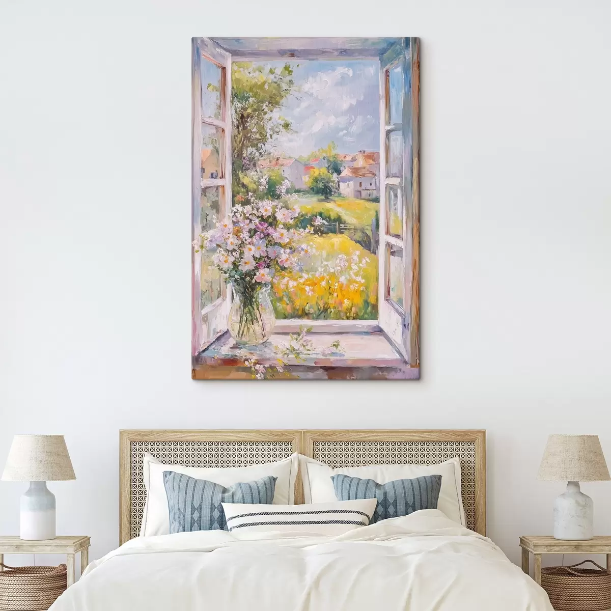 Pilt Suvi külas, maaliline, õlistiilis joonistus, lilled vaasis s43889