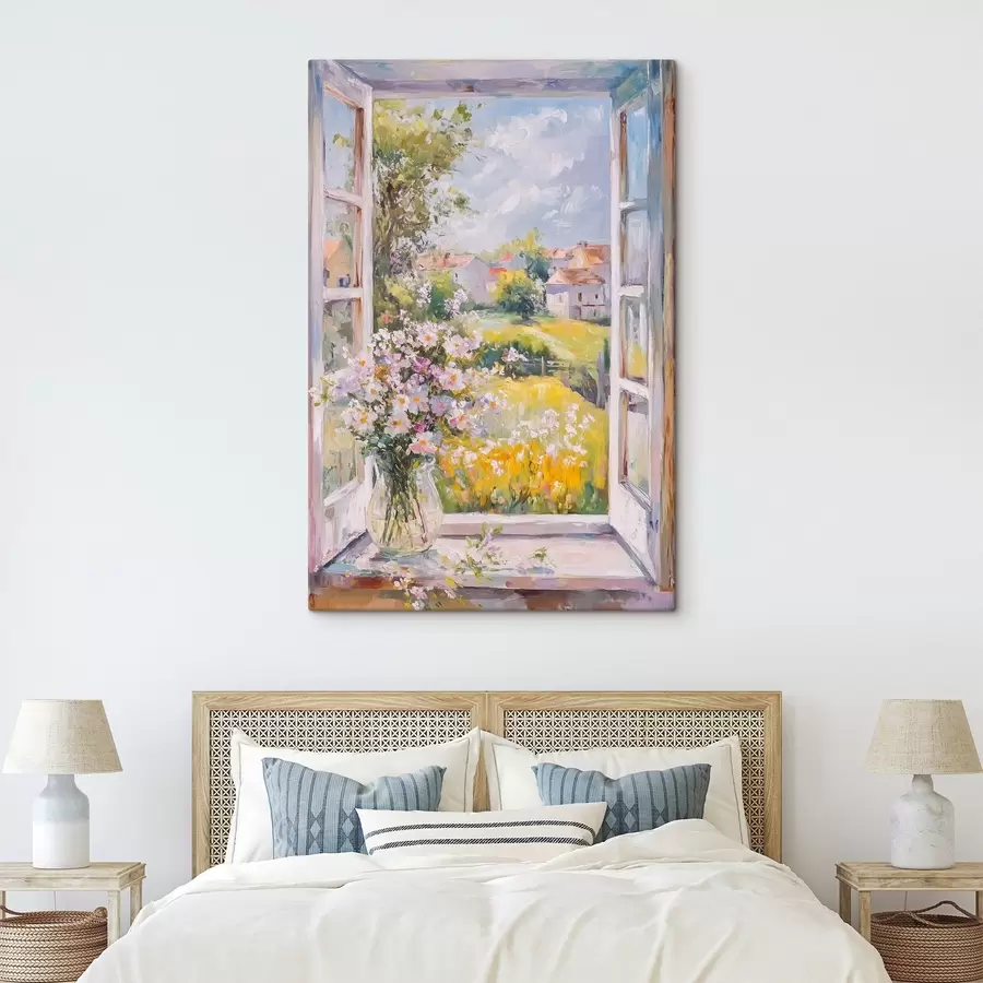 Pilt Suvi külas, maaliline, õlistiilis joonistus, lilled vaasis s43889