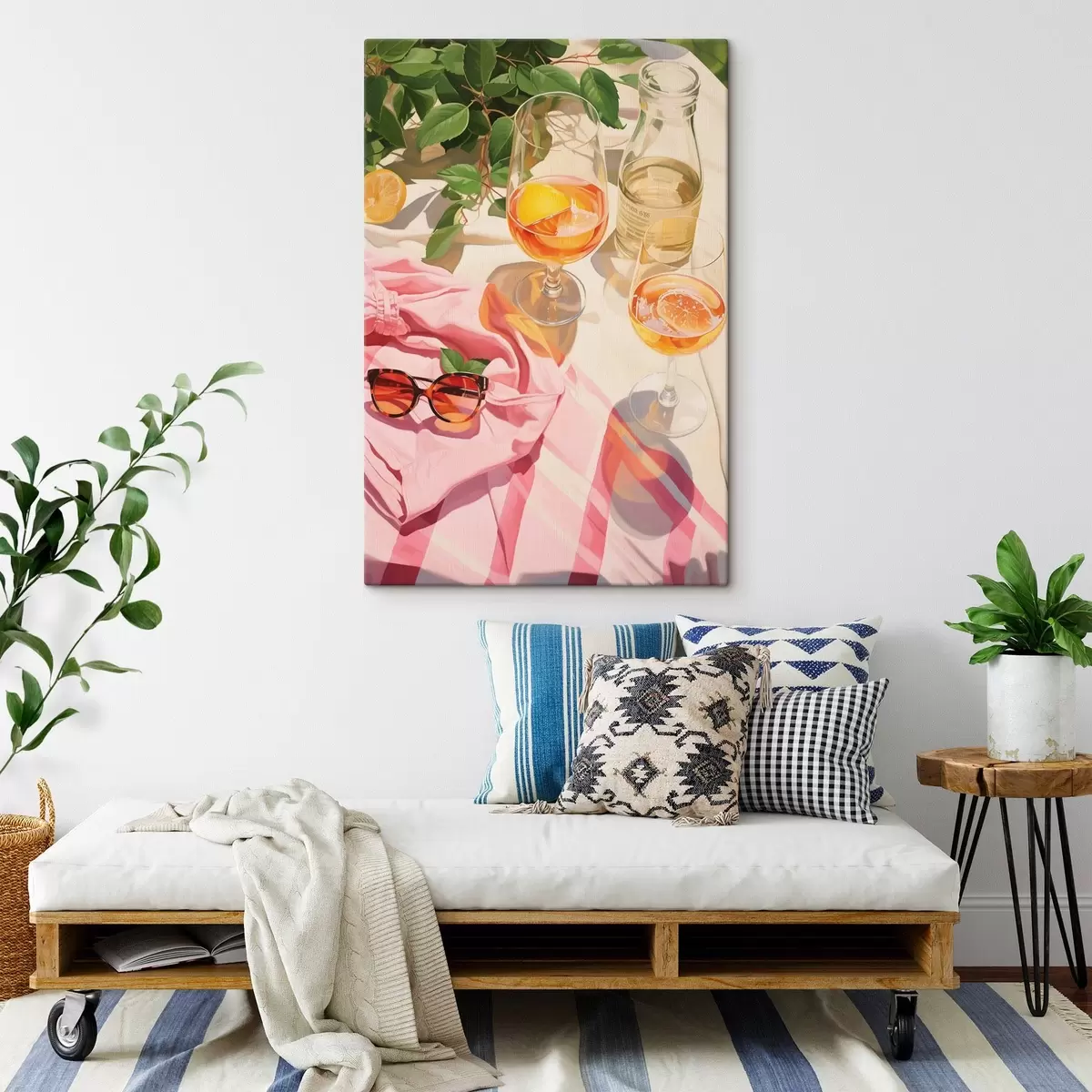 Pilt Suvine aeg, klaasid šampanjaga, rohelised taimed, soojad värvid s43885