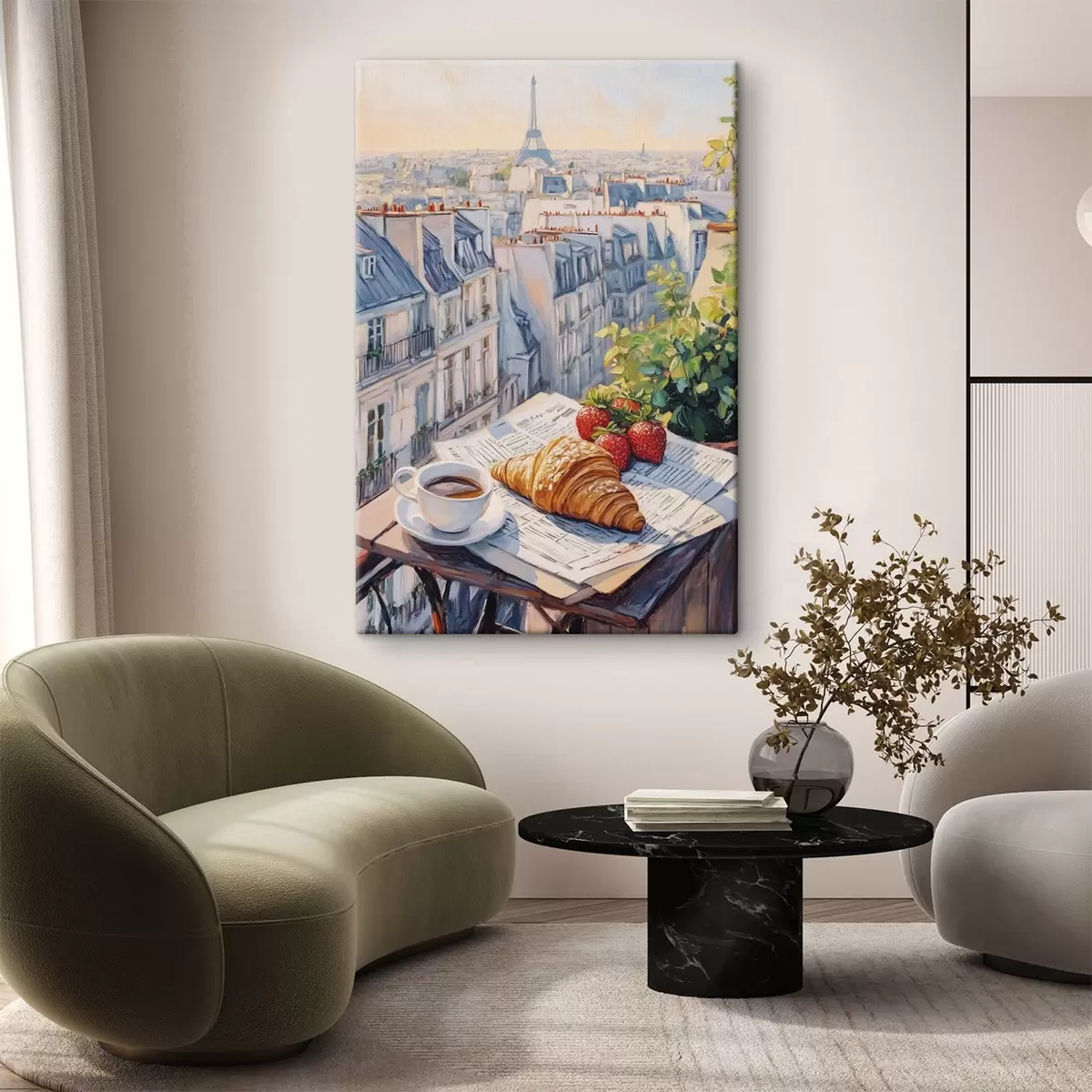 Pilt Päikesetõus Pariisis rõdul, Eiffeli torn, maasikad, kohv, päevik s43890