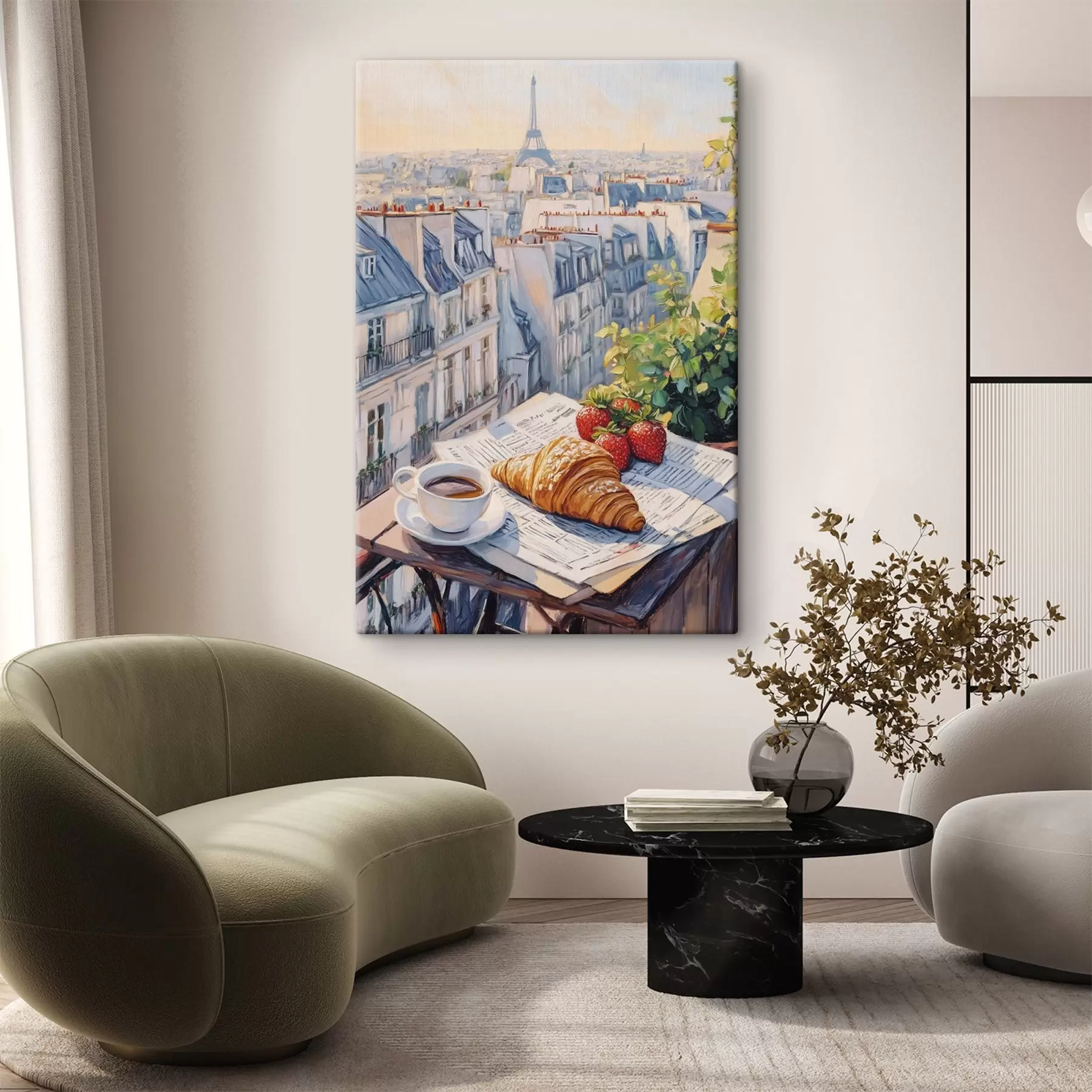 Fototapeedid Päikesetõus Pariisis rõdul, Eiffeli torn, maasikad, kohv, päevik s43890