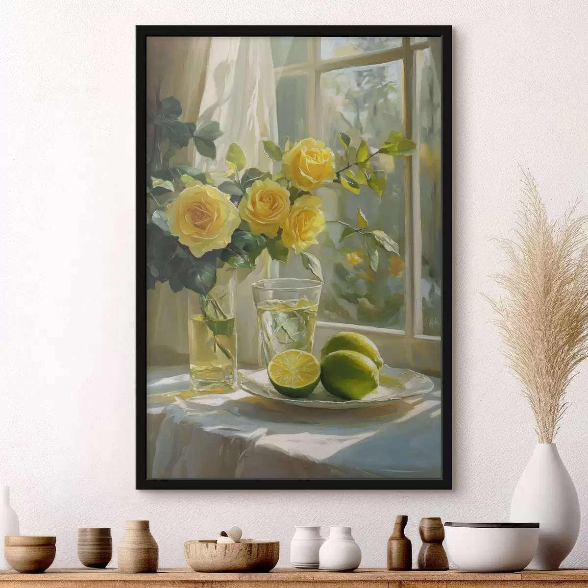Plakat Ilusad kollased roosid vaasis akna kõrval, vesi koos laimidega f43886