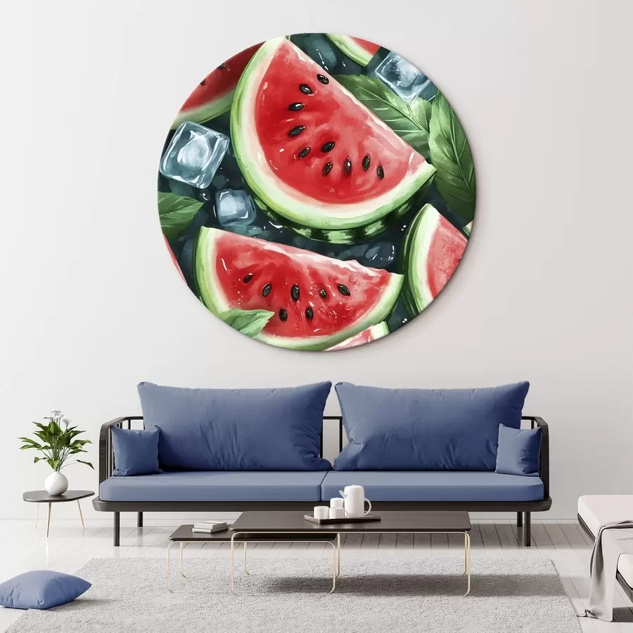 Pilt Arbuusiviilud jääkuubikute ja piparmündiga, akvarellistiilis r43880