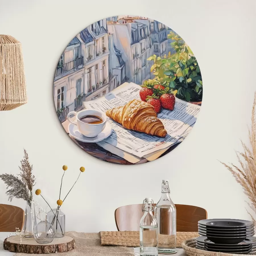 Pilt Päikesetõus Pariisis rõdul, Eiffeli torn, maasikad, kohv, päevik r43890