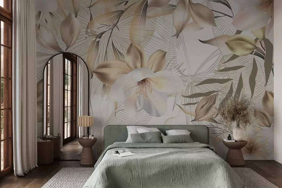 Fototapeedid Jasmiini lilled ja lehed, pehmed värvid, botaaniline illustratsioon, lilleline taust , elegantne disain, õrnad kroonlehed w08977