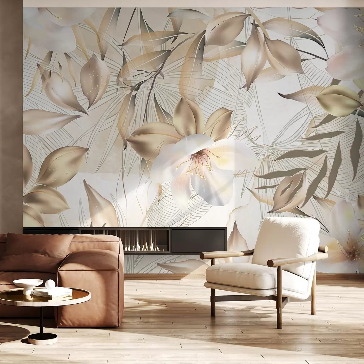 Fototapeedid Jasmiini lilled ja lehed, pehmed värvid, botaaniline illustratsioon, lilleline taust , elegantne disain, õrnad kroonlehed w08977