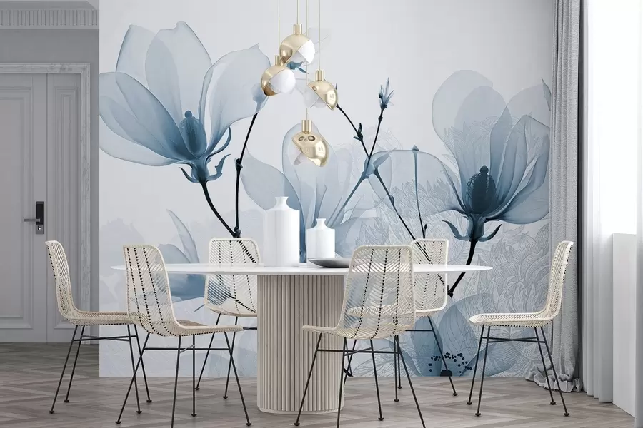 Fototapeedid Läbipaistvad sinised magnoolia lilled koos õrnade kroonlehtede ja tumedate varrega siluettidega w08978