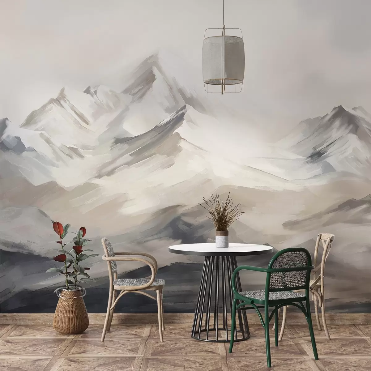 Fototapeedid Mägede maastik heleda taevaga, pintslitõmbed, neutraalsed beežid ja hallid värvid, mäestikuga  w08980