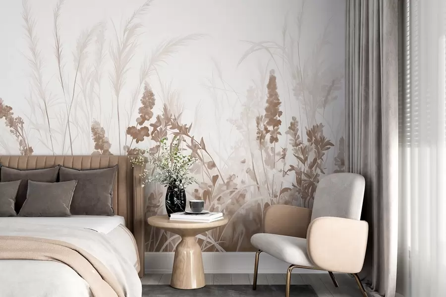 Fototapeedid Pruunid lilled ja beežid pilliroog põllul, minimalistlik maalimistekstuur, kerge taust, pehmed värvid, õrnad pintslitõmbed  w08982v1