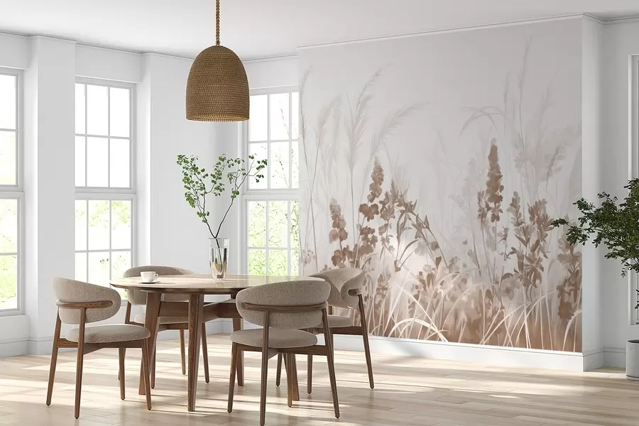 Fototapeedid Pruunid lilled ja beežid pilliroog põllul, minimalistlik maalimistekstuur, kerge taust, pehmed värvid, õrnad pintslitõmbed  w08982v1