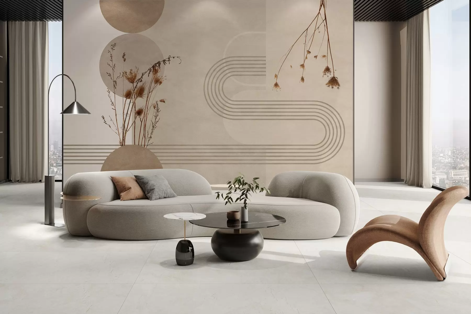 Fototapeedid stiilne geomeetria ja kuivatatud lilled beeži toonides w03449