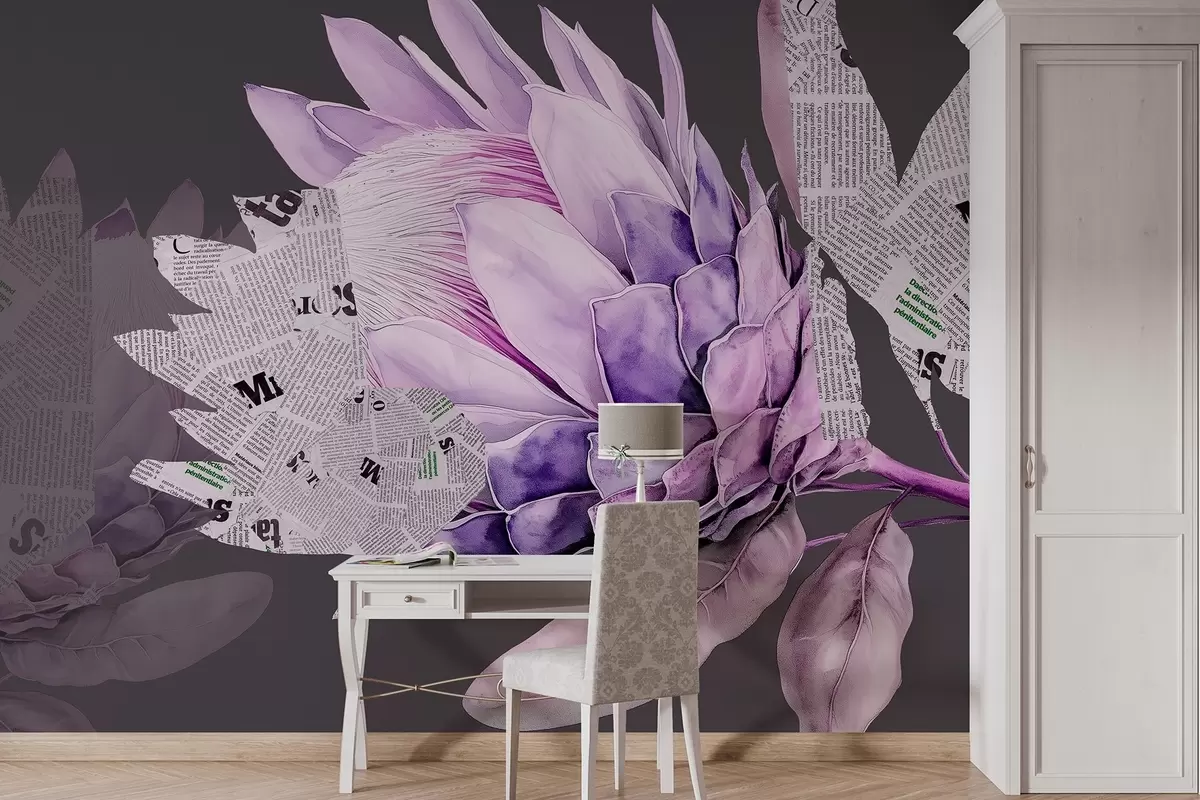 Fototapeedid Protea lilled, ajalehe kunst, lilleline, troopiline, tume taust, lillad värvid w03667v2