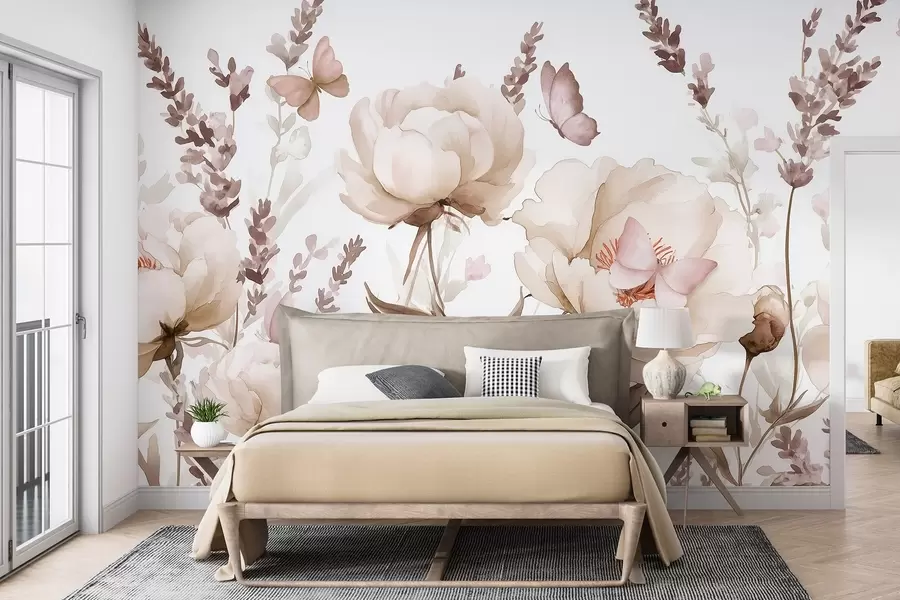 Fototapeedid Lillepeenar, pojengid, lavendel, liblikad, akvarellstiil, beežid värvid w03668v2