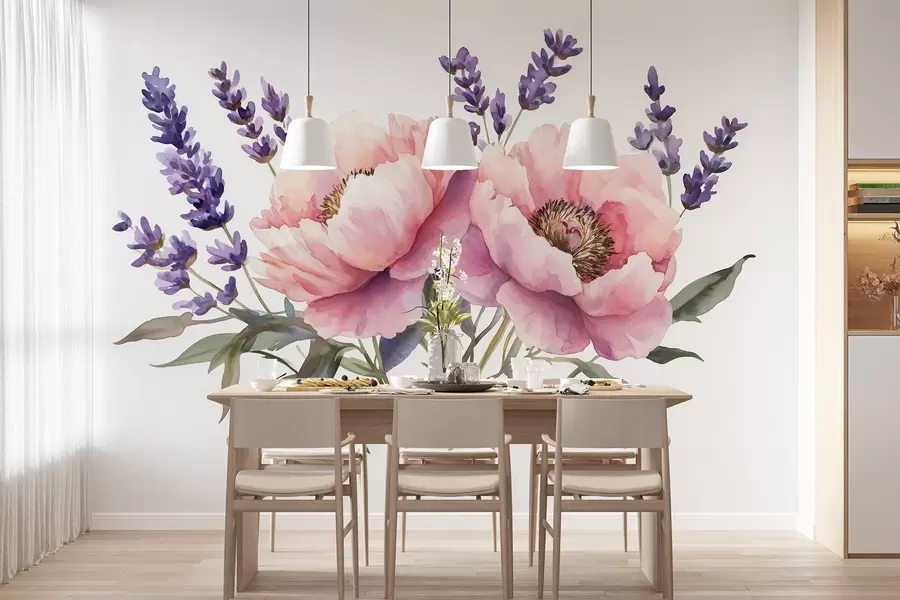 Fototapeedid Akvarellstiilis pioonid, lavendel, lilled, looduslikud värvid w03671