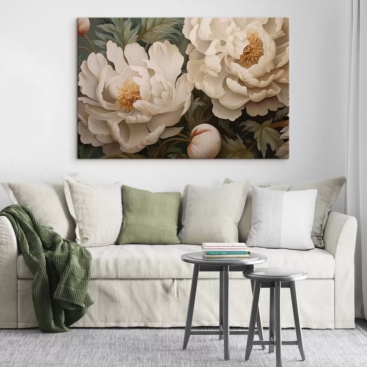 Pilt Roheliste lehtede vahel olevad kreemjad pioonid s43991