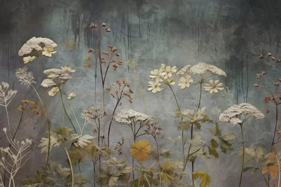 Fototapeedid Metsikud lilled ja rohud grunge seina taustal w03697