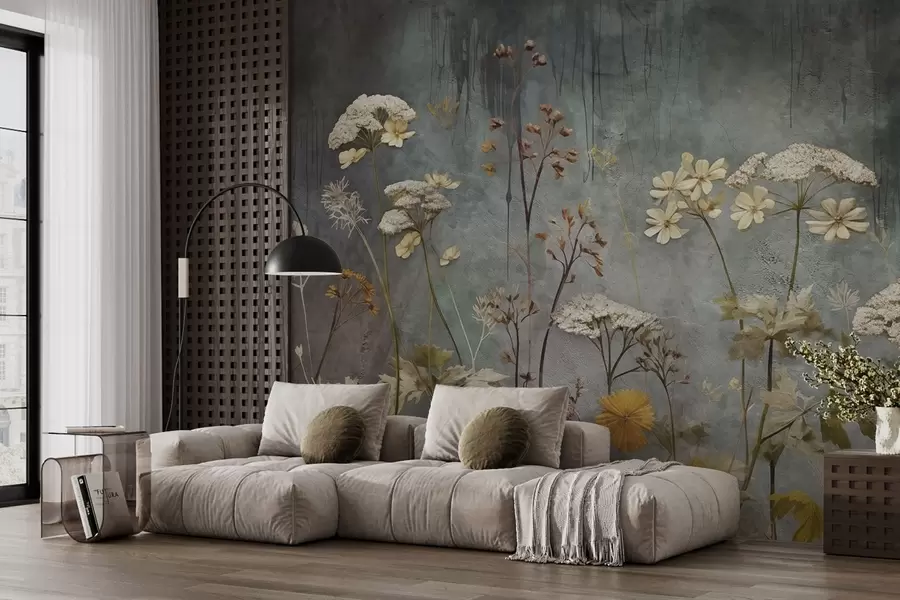 Fototapeedid Metsikud lilled ja rohud grunge seina taustal w03697