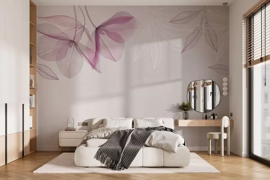 Fototapeedid õrnad läbikumavad lillatoonilised õied ja lehed w03616v4