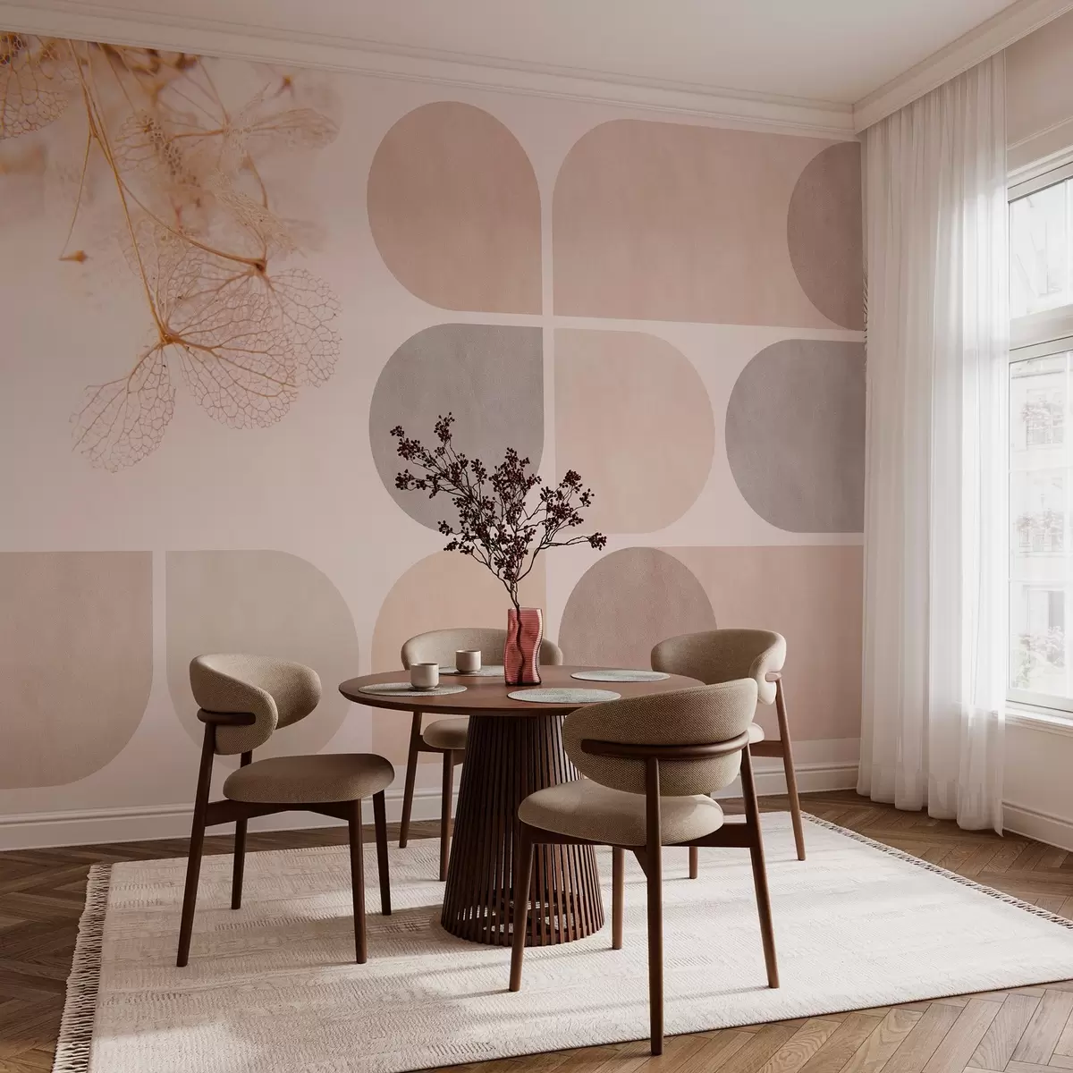 Fototapeedid geomeetria ja kuivatatud lilled beeži toonides veenidega w03617