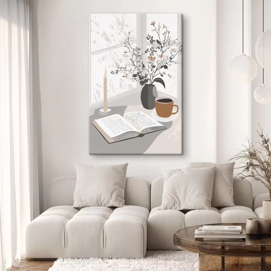 Pilt Abstraktsioon, avatud raamat, vaas lilledega, küünal, beežid värvid s44011